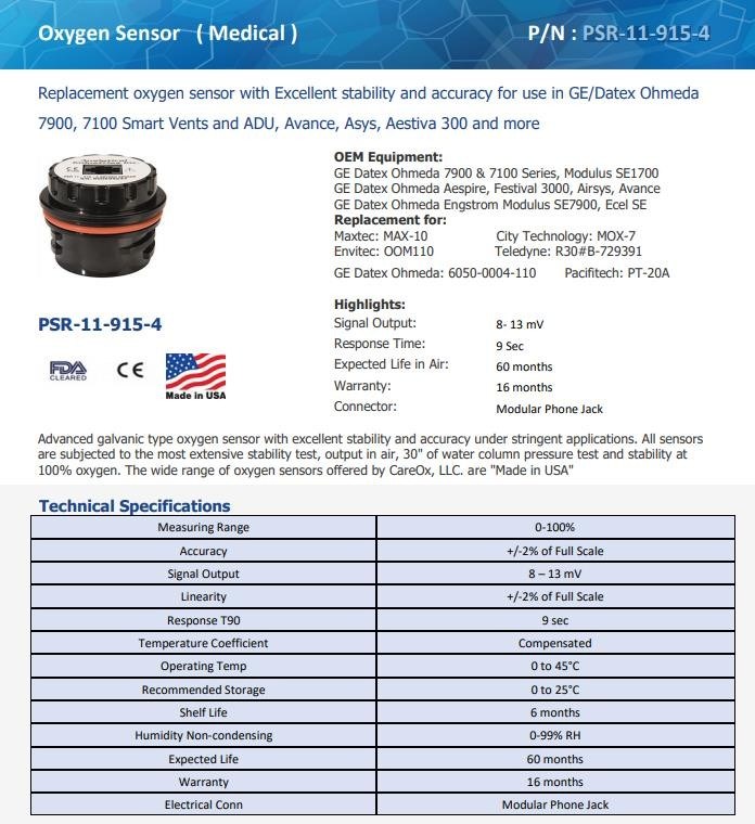 অ-বিষাক্ত মেডিকেল অক্সিজেন সেন্সর পোর্টেবল প্লাস্টিক PSR-11-915-4 জন্য 7900 7100 ADU
